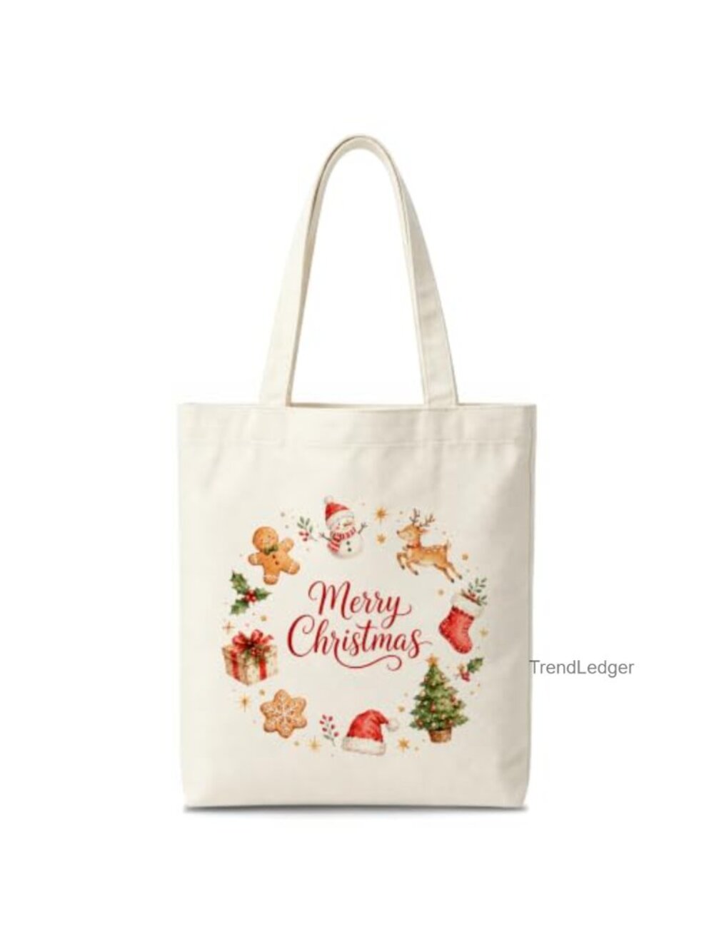 Merry Christmas Canvas Tote Bag Women Double Sided Holiday Shopping Gift